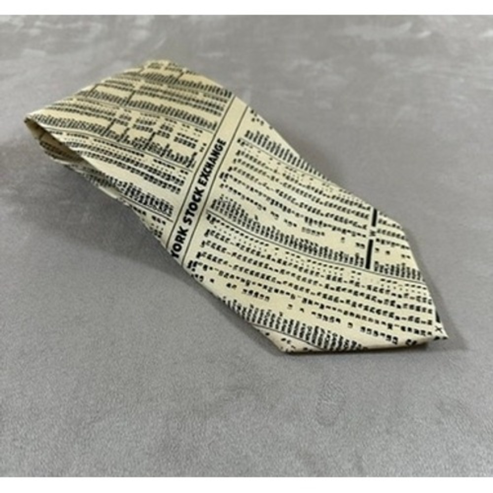 Vintage Josh Bach Necktie Mens NYSE Stock Exchange Print OS Cream Black
